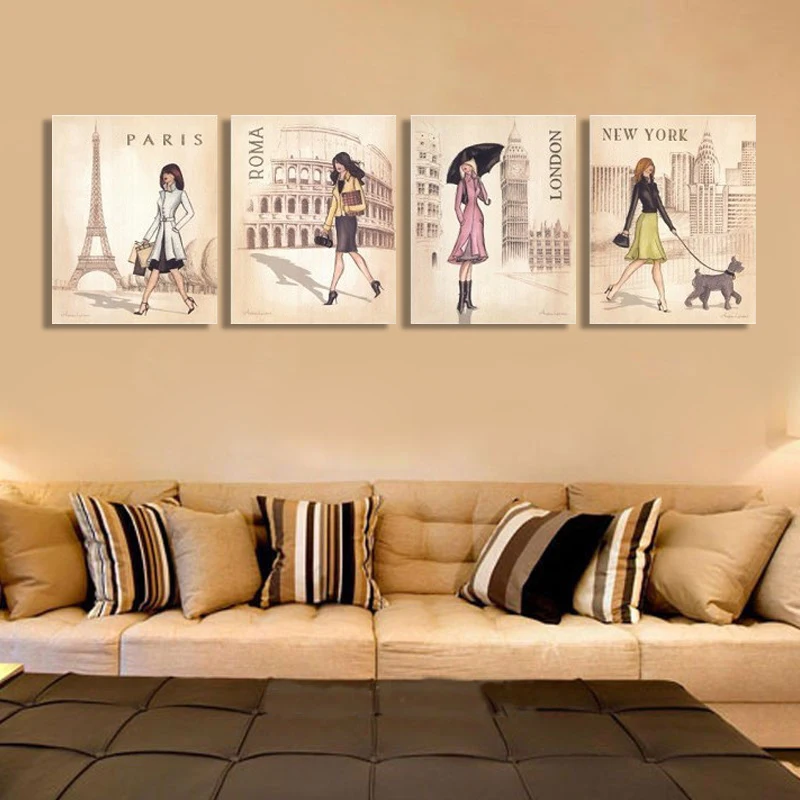 4 Piece Unframed Building Printed Canvas Art Oil Painting Living Room Wall Picture High Quality Home Decal | Дом и сад