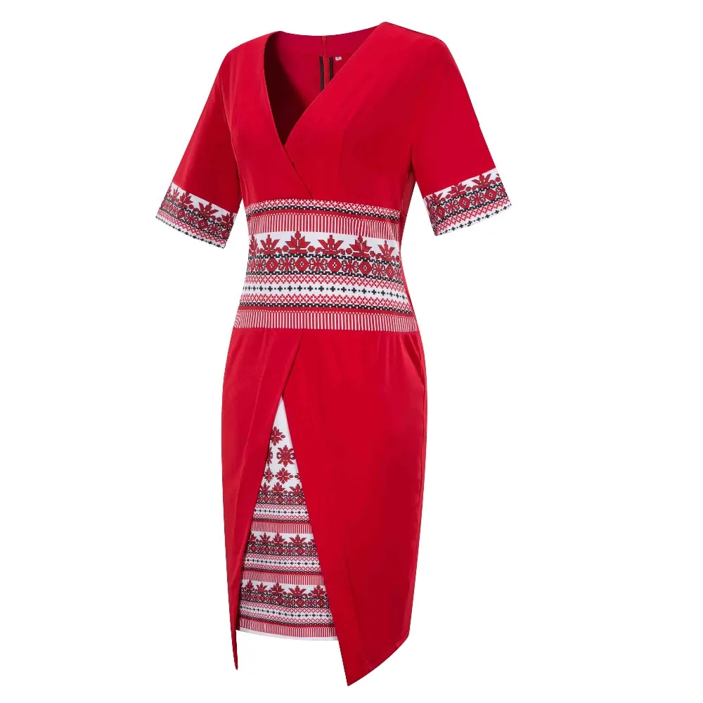 Женское платье с коротким рукавом и v-образным вырезом, этнический, Ацтеки, этническое облегающее платье длины миди, вечерние платья, Рождество, красный, синий