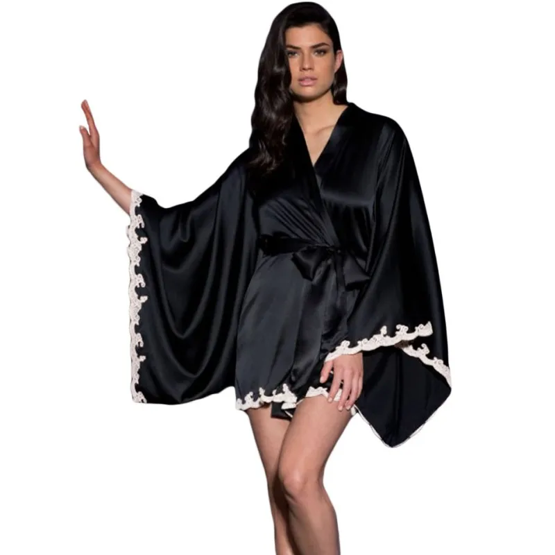 Black silk pyjamas satin robe kimono sleepwear dress