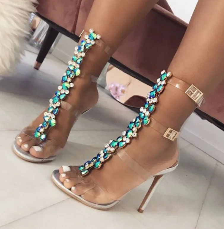 

2019 Latest Design Rhinestone Transparent Stiletto Sandals Shoes Crystal T-Strap Lady High Heels Shoes Sexy Female Party Shoes