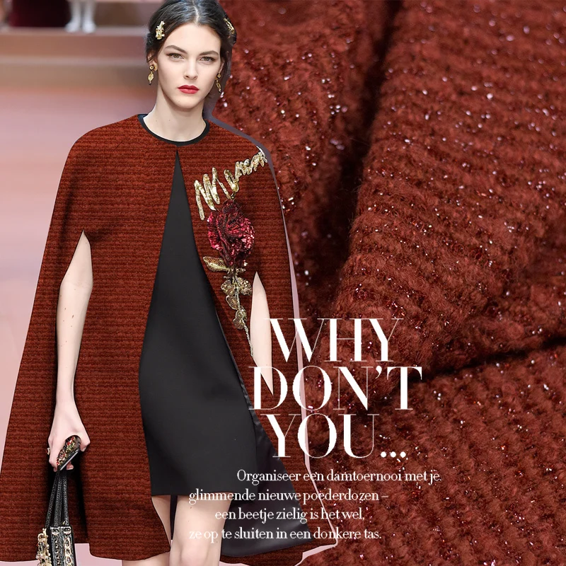 

Fashion Brick red High - end imported yarn-dyed gold thread woven wool tweed fabric for coat christmas patchwork tissu tissus