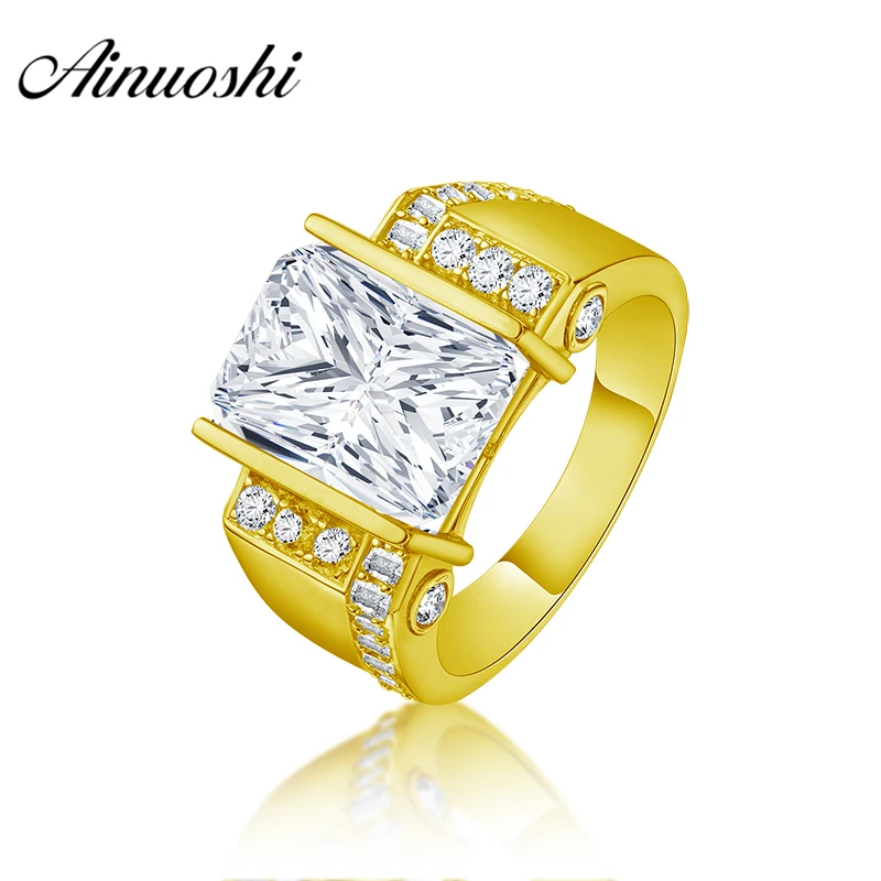 

AINUOSHI Luxurious 10K Solid Yellow Gold Men Band 6CT Rectangle Cut Ring Engagement Wedding Male Jewelry 5.8g Wedding Men Band