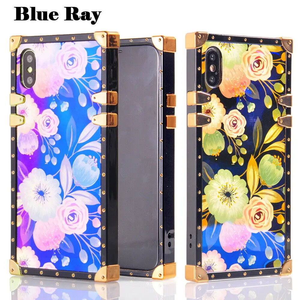 Luxury Rose Flower Blue Ray Square Eye Trunk TPU Case Cover For iPhone Samsung