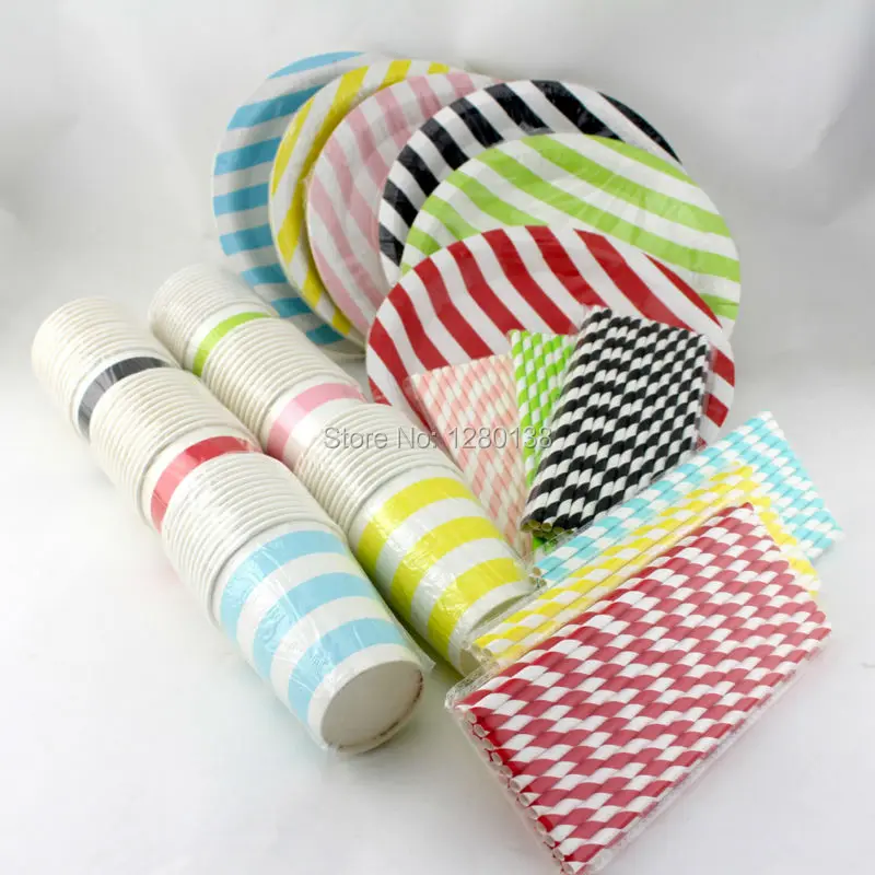 

Striped Paper Party Cocktail Plates Straws Cups Disposable Tableware(Pink/Blue/Red/Green/Yellow/Black) for Party Baby Shower
