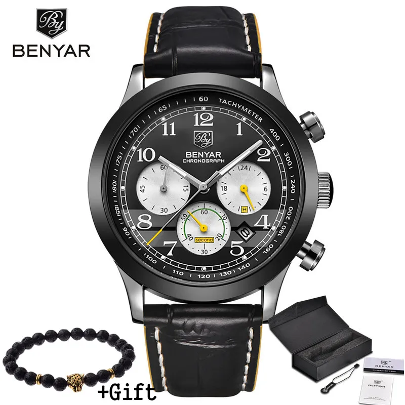 Benyar спортивные многофункциональные мужские наручные часы с кожаным ремешком Топ люксовый бренд Мужские кварцевые часы с хронографом мужские наручные часы - Цвет: Серый