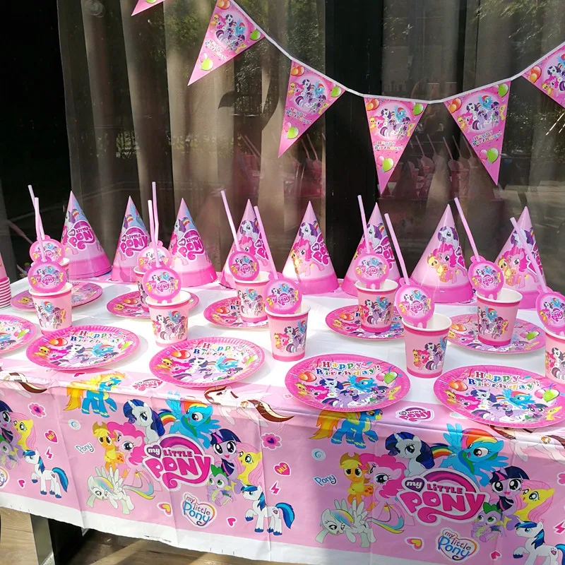 

My Little Pony Theme 152Pcs/Lot Kid Birthday Party Decoration Cups Plates Party Disposable Tableware Wedding Horn Banner Supply