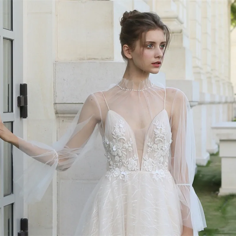 

Super fairy Tulle Wedding Bolero Jacket Long Sleeve Transparent Tulle Bridal Jacket Wrap Elegant Bride Coat For Wedding Dress