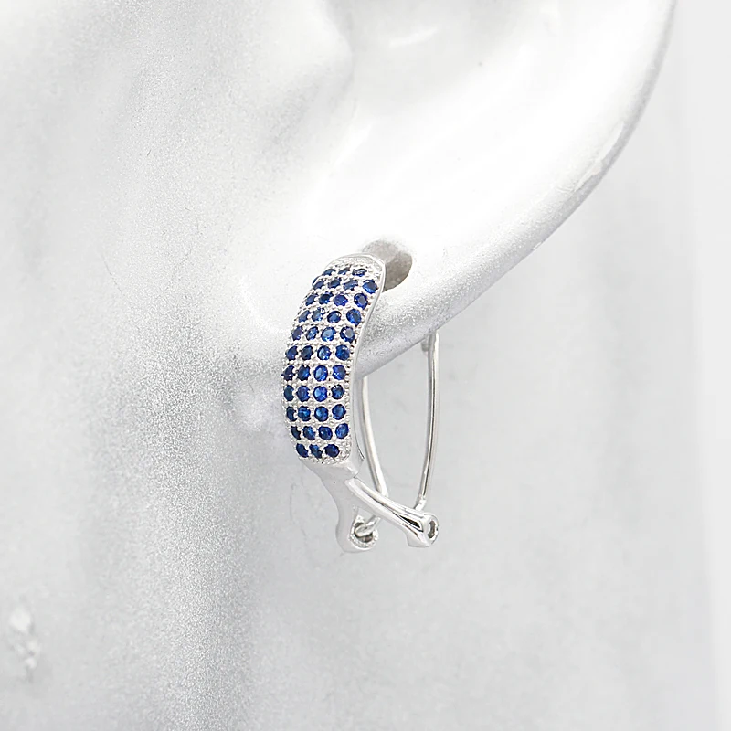 

925 Sterling Silver Hoop Earrings Geometric Shape with Royal Blue Zircon Stones Ear Jewelry for Women Wedding Engagement Gift