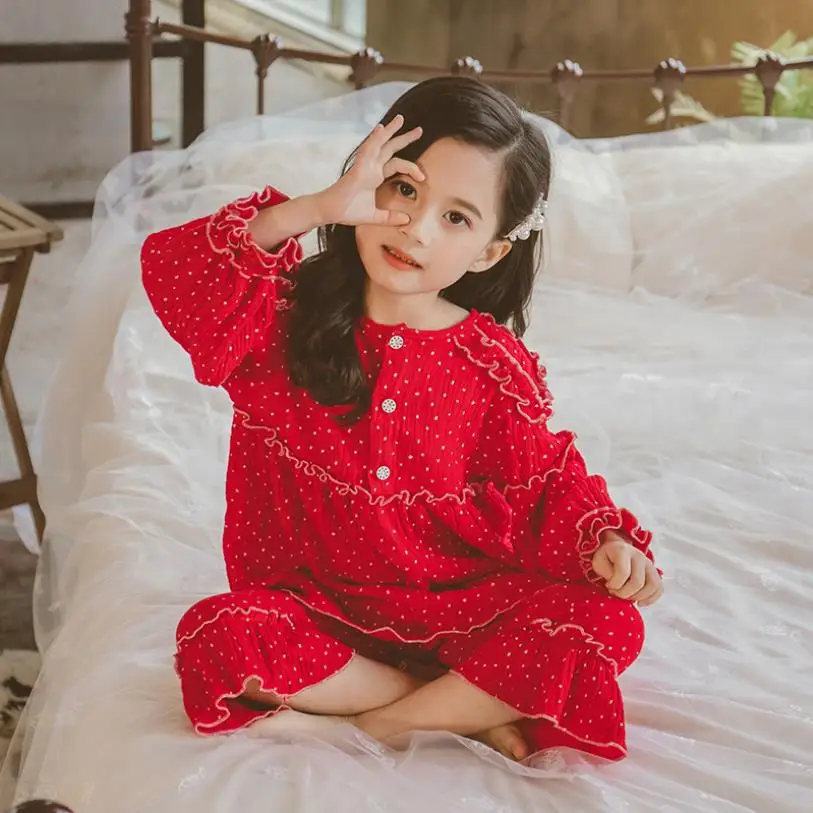 

Spring autumn new ruffles princes Dot Pajamas sets baby girls long sleeve tops + pants 2pcs sets hoem clothes children nightgown