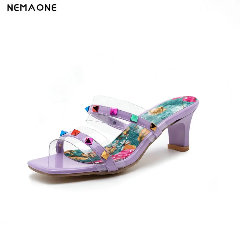 

NEMAONE 2019 Ladies slippers High Heels Transparent pu Leather rivets Slingback sandals Summer Women Shoes Size 34-43