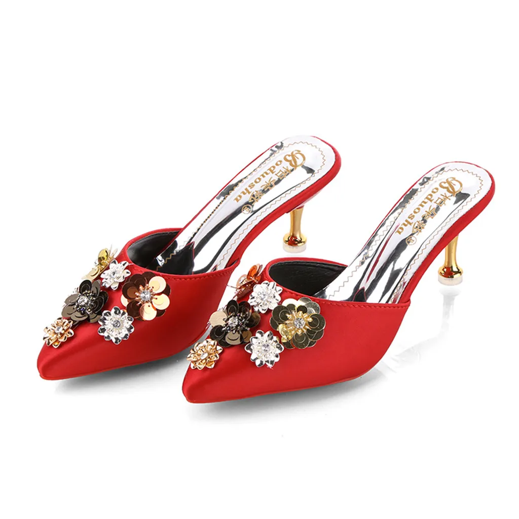 

SAGACE Women's Slippers High Heels Mules Slippers Ladies Women Pointed Mule 2019 Crystal Floral Outside Shoes Woman Footwear