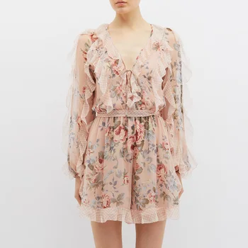 

Luxury Runway Dress Designer 2020 Spring Summer Women Elegant Ladies Ruffle Chiffon Floral Print V Neck Long Sleeve Casual Dress