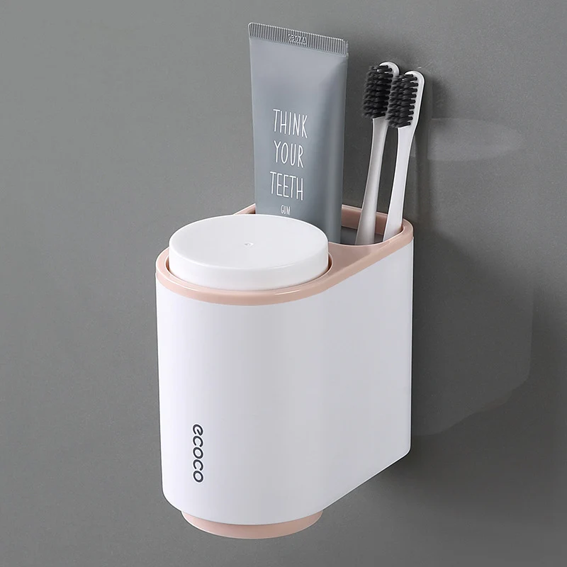 Wall Mount Toothbrush Holder Plastic Magnetic Adsorption Toothpaste Storage Rack Household Bathroom Dust-proof Box Accessories - Color: Pink