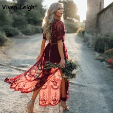 

Viven Leigh Sexy Wine Red Deep V Short Sleeve Perspective Mesh Yarn Flowers Women Lace Dress Women Elegant Maxi Long Dress