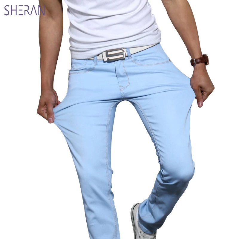 

2019 Spring Summer New Fashion Men Casual Stretch Skinny Jeans Slim fit Trousers Tight White Pants Solid Colors Denim Jeans Men