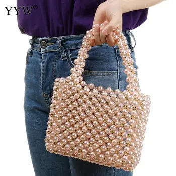 

Pearls Bag Beaded Box Bag Women Party Luxury Handmade Handbag 2020 Summer Plastic Pearl White Top Handle Hand Bags