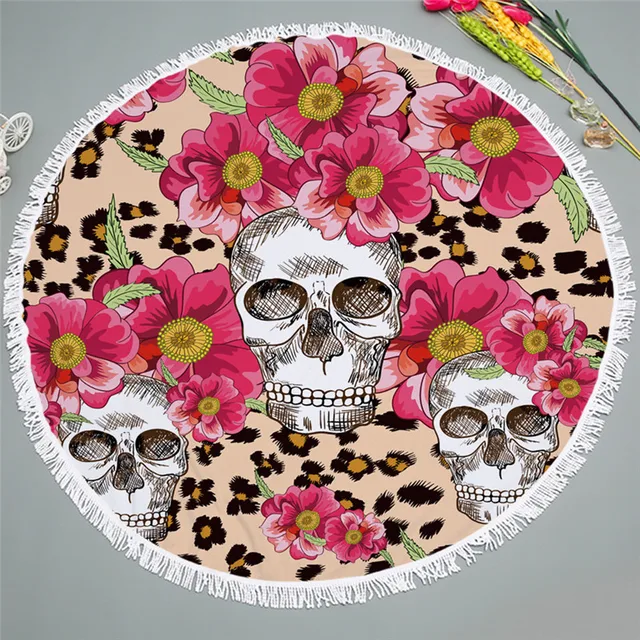 XC USHIO 2018 Fashion Style Skull Head 450G Round 150cm Beach Towel With Tassels Picnic Blanket Swimming Towel Toalla De Playa