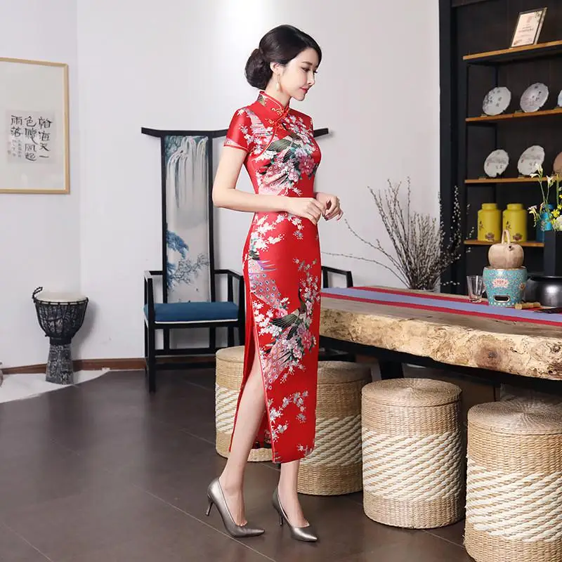 Весна осень Cheongsam китайский женский цветок и Павлин Qipao с длинным рукавом vestidos винтажное женское вечернее свадебное платье S-3XL - Цвет: Short Sleeve Red