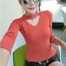 Shintimes di Base Maglione Del Pullover Delle Donne Ha Lavorato A Maglia Nero Sexy Scollo A V da Donna Maglie E Maglioni Top Autunno Inverno Elasticità Morbida Tirare Femme