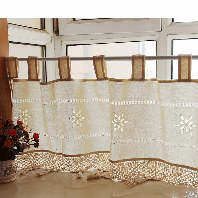 

Embroidery Cutout Floral Kitchen Curtains Pastoral Short Panel Curtain For Cafe Half-curtain Handmade Tassel A