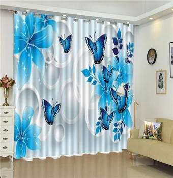 

3D Curtain Blue Flowers Attract Blue Butterflies To Dance Living Room Bedroom Beautiful Practical Blackout Curtains