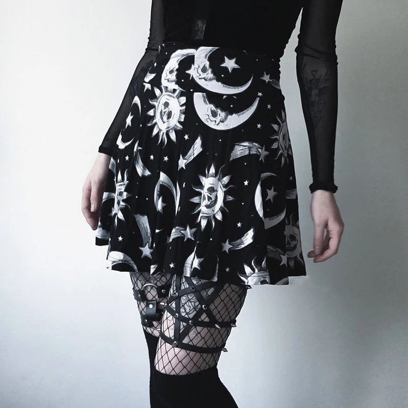 Готическая короткая юбка с принтом черепа, плиссированная юбка с завышенной талией, юбка для косплея, женская модная летняя новая юбка для вечеринки - Цвет: Black