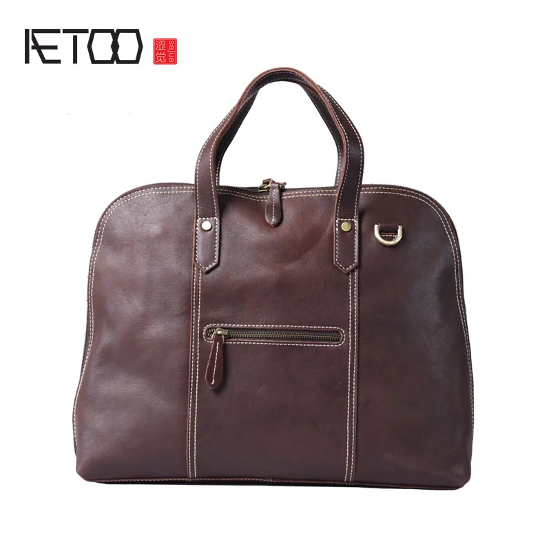 AETOO Leather Men's handbag, horizontal, business casual, single shouldered shell, Baotou layer, leather briefcase, 14 inch 