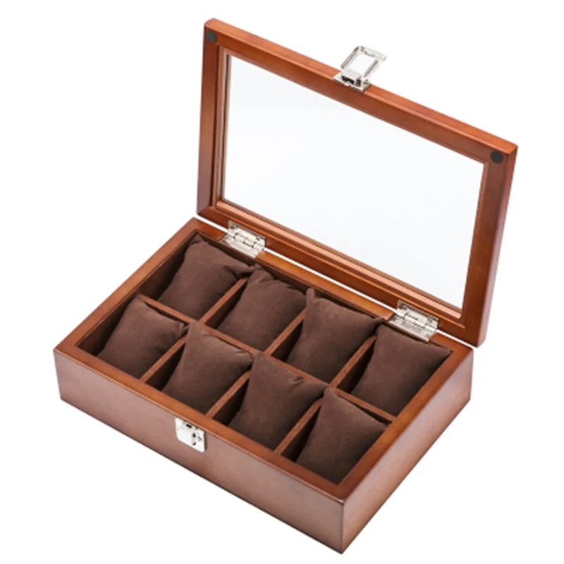 Koop 8 Slots Horloge Dozen Case Nieuwe Koffie Hout Horloge Organizer Met Glas Mechanische Horloge Houder Gift Case Houder Vrouwen