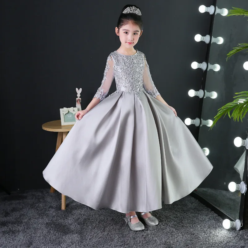 

2019Spring Elegant Children Girls Long Sleeves Birthday Evening Party Princess Lace Dress Teens Kids Fashion Host Piano Dress