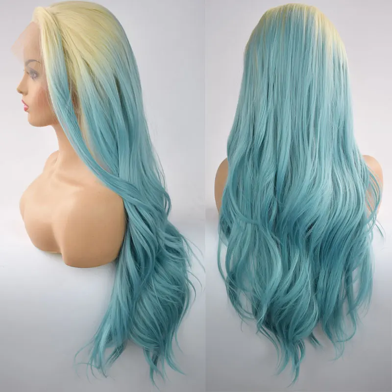 Bombshell блонд корни Омбре небесно-голубой синтетический парик фронта шнурка естественная волна термостойкие волокна волос естественная линия волос для женщин