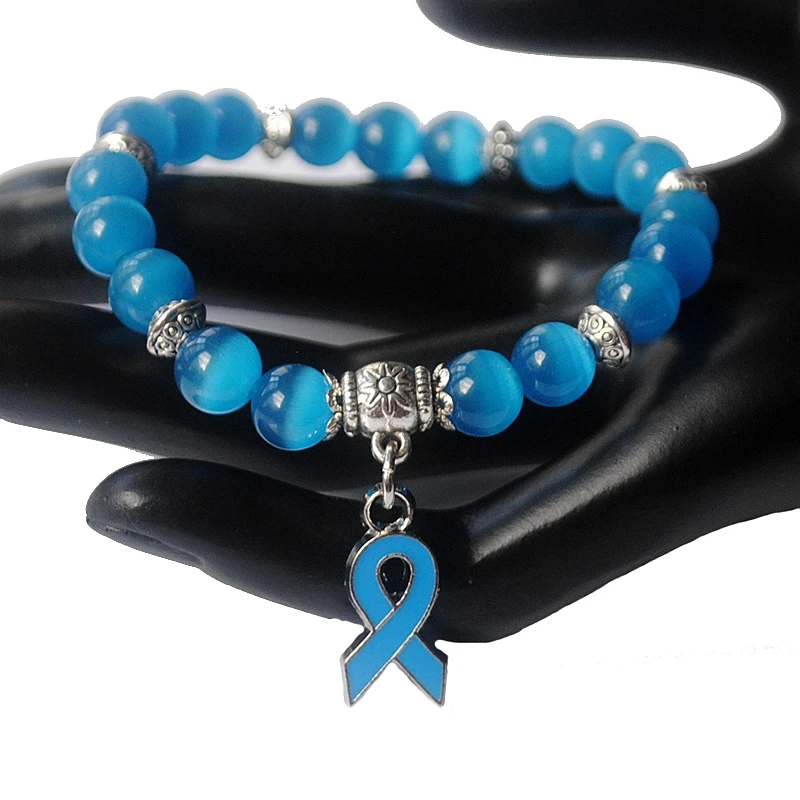 

New summer style 5 color cat eye opal 8mm beads bracelets & bangle Breast Cancer Awareness blue ribbon charm bracelet XY160373