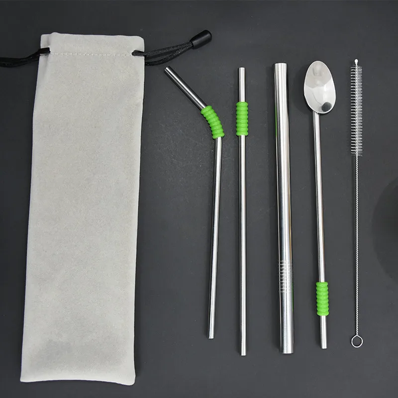 

Reusable Metal Straw Straight Bent Straw Spoon Cleaner Brush Stainless Steel Drinking Straw Bag Set Bar Accessory