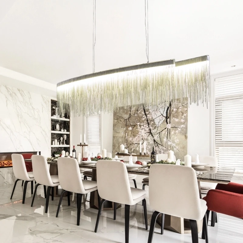 

Italian Design Silver Art chandelier Engineering Design Luxury Chain Tassel Aluminum Chain LED Beautiful chandelier Lighting