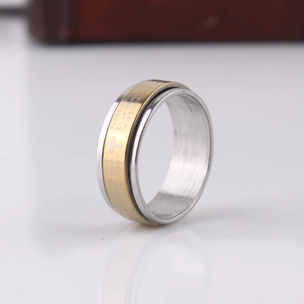 

Gold Color 7mm Cross Holy Bible Double Layer Rotation 316l Stainless Steel Finger Rings Men Jewelry Wholesale Lots