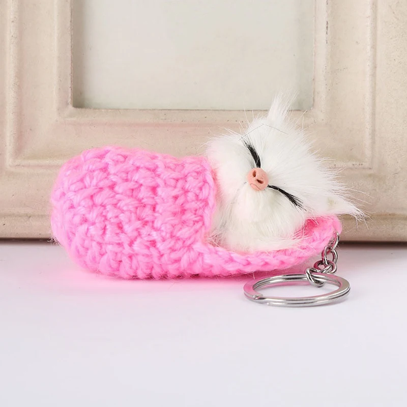 Милые брелоки с помпоном спящего кота для женщин и девочек; тканые Тапочки ручной работы; Брелоки для ключей из искусственного меха котенка; пушистые Подвески с автомобилем в подарок - Цвет: Pink