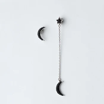 

MloveAcc Classical Black Moon & Star Earrings for Women Cool Asymmetry Earrings 925 Sterling Silver Jewelry