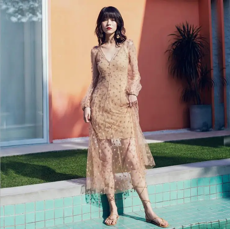 

Mesh Star Embroidery Maxi Dress Women Summer Long Sleeve Open Back Lace UP Casual Beach Holiday Summer Vestidos
