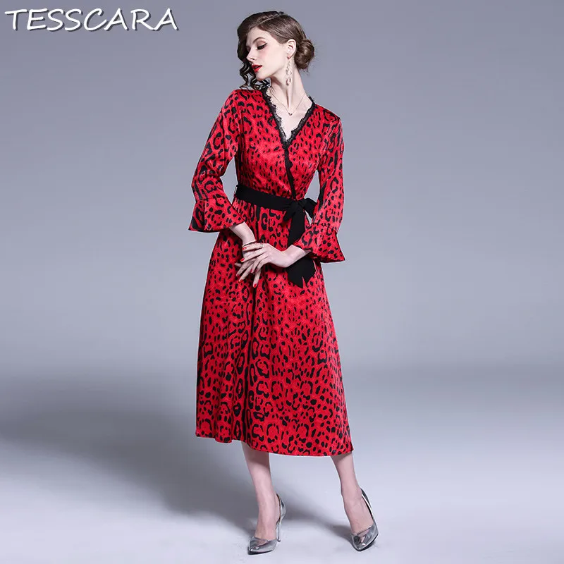 TESSCARA Women Elegant Leopard Print Dress Festa Casual Red Robe Femme
