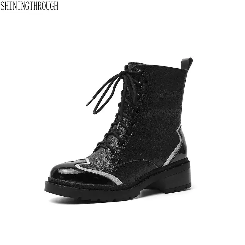 

Punk Genuine Leather Boots woman 4cm med Heels Autumn Winter Ankle Boots Sexy Shoes Woman Motorcycle Snow Boots