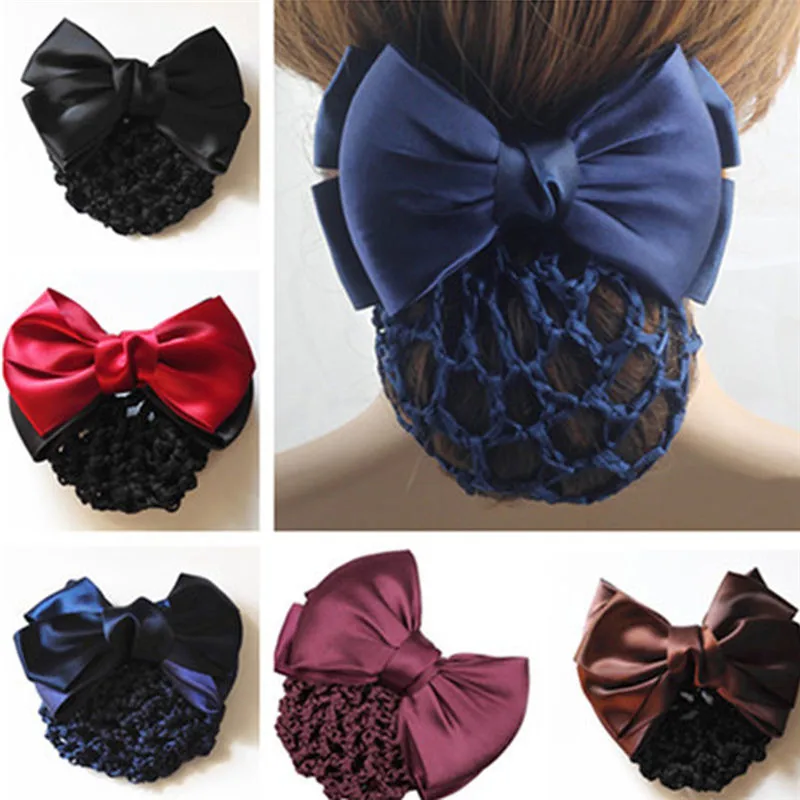 Satin Bow Rhinestone Barrette Lady Hair Clip Cover Bowknot Net Bun Snood butterfly hair clips