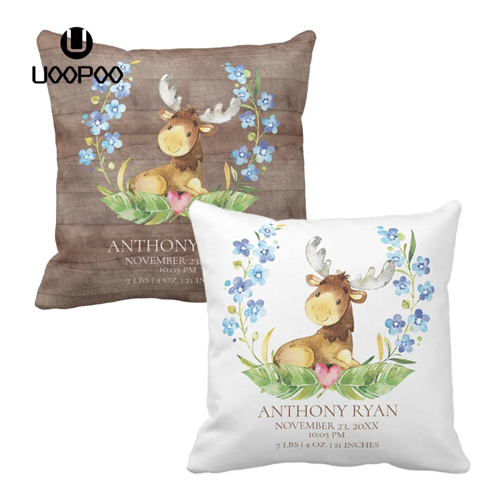 

Custom Baby Pillow Case Sweet Woodland Moose Birth States Printed Pillow Case Cotton Pillow Cover Decorative Kids Pillow Case