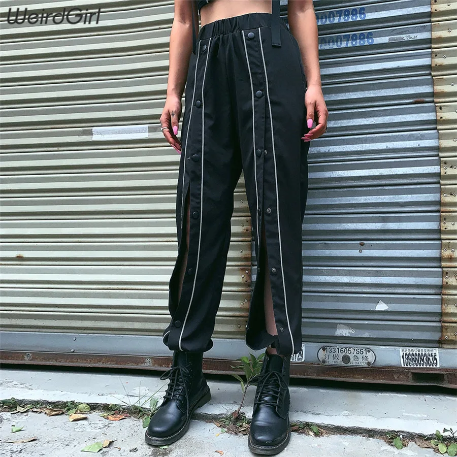 

Weirdgirl women striped reflective pants hollow out sexy streetwear cargo pants high waist lady long trousers Korean Style new