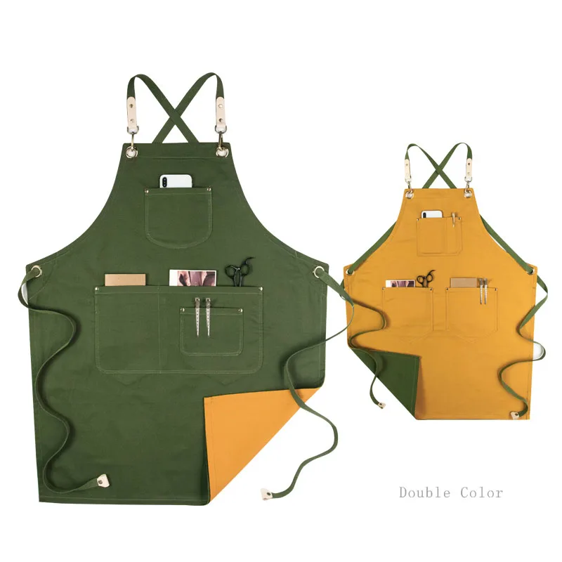  Double Sides Apron Genuine Leather Belt Cotton Barber Kitchen Chef Apron With Pocket Two Colour Wor - 32990828168