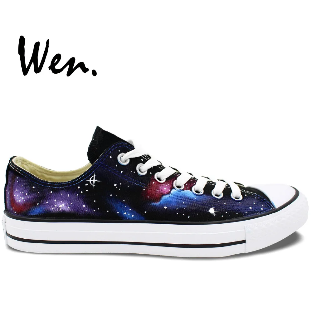 Wen Original Hand Painted Shoes Design Custom Stars Blue Galaxy Nebula Low Top Canvas Sneakers for Men Women