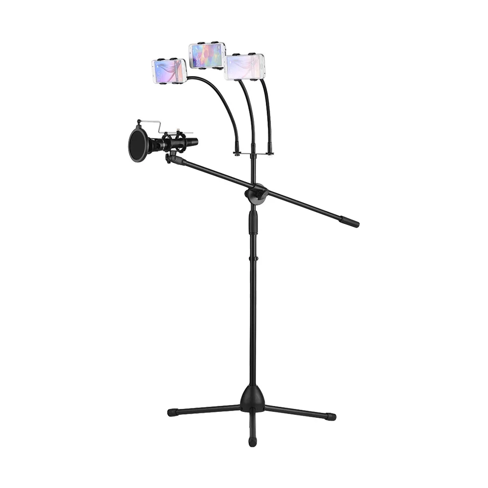 Floor Microphone Stand Metal Adjustable Height with Boom Arm 3 Mic Holders & 3 Smartphone Holder
