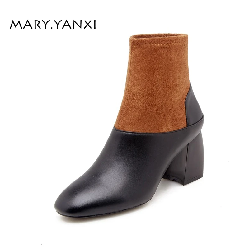 

Spring Autumn Winter Women Shoes Genuine Leather Ankle Chelsea Boots Square Heel Fashion Square Toe Slip-on Short Plush Big Size