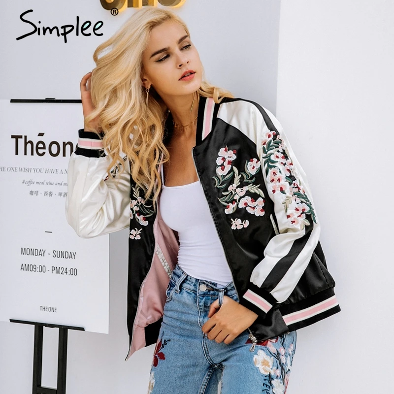 Simplee Reversible embroidery satin jacket coat sukajan Autumn winter 2017 flower basic jackets women Casual baseball jackets