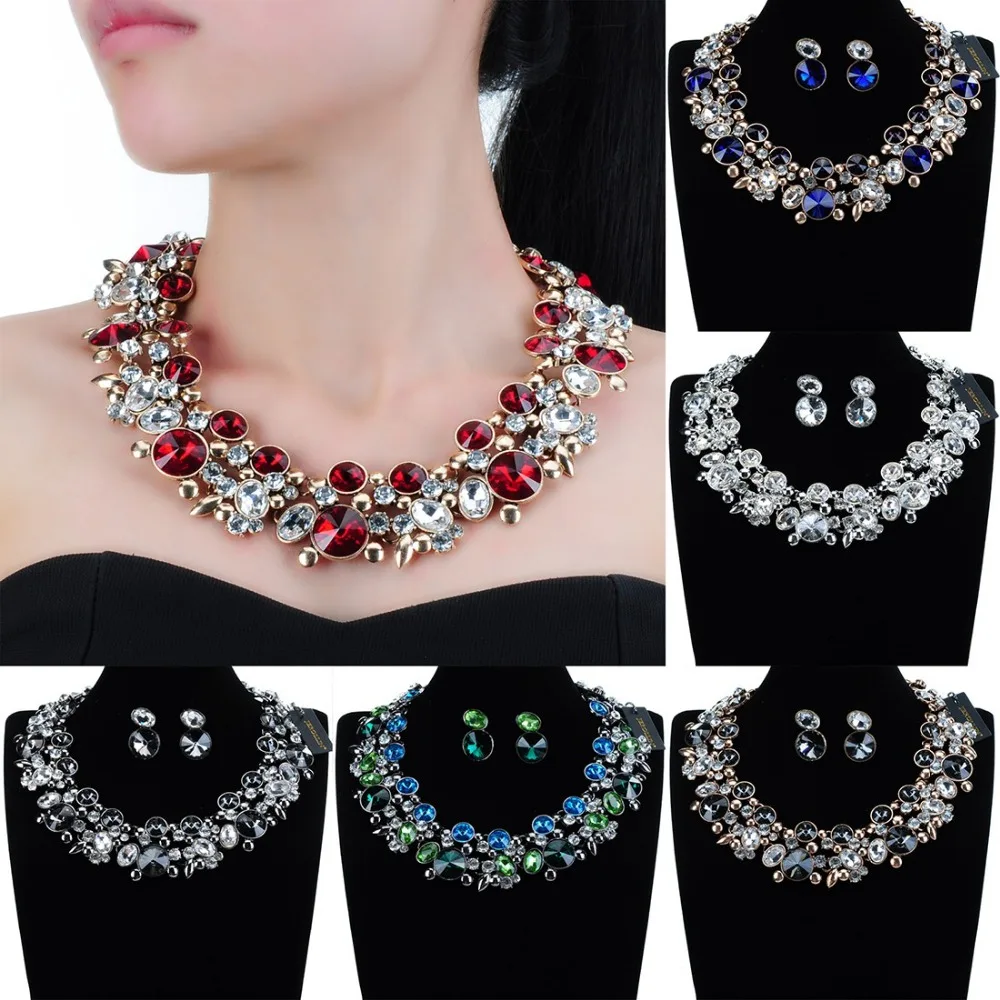 New Fashion Elegant Jewelry Set 6 Colors Glass Necklace Earring for