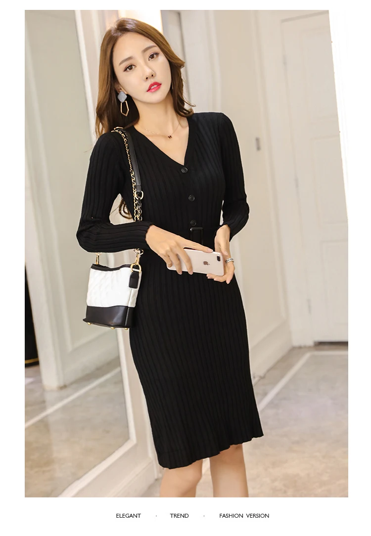 New Autumn Winter Bodycon Knitted Dress Women Long Sleeve Sexy V Neck Belt Knee Length Casual Office Lady Sweater Dresses L2460