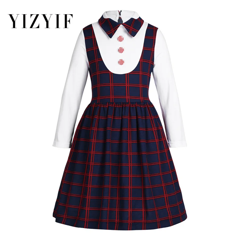 

YiZYiF Girls Dress Uniform Long Sleeves Lapel Plaid A-line False Two-piece Dress for Girls Birthday Party School Casual Dress